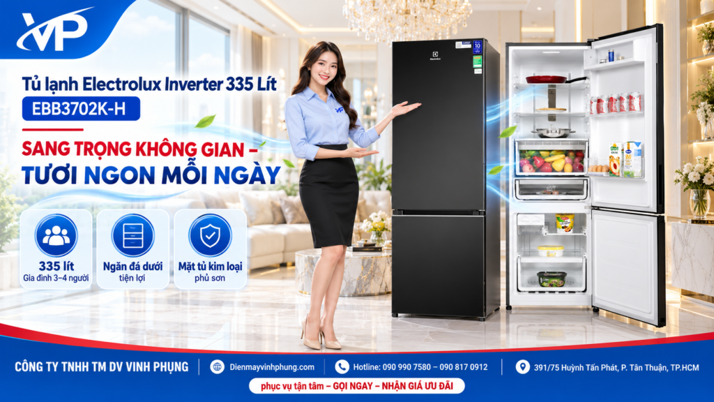 Tủ lạnh Electrolux Inverter 335 Lít EBB3702K-H