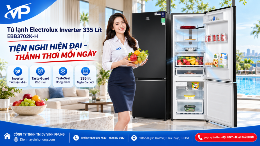 Tủ lạnh Electrolux Inverter 335 Lít EBB3702K-H