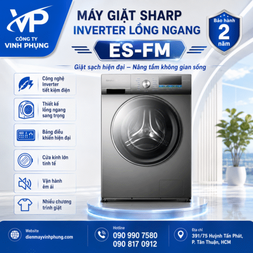Máy giặt Sharp Inverter lồng ngang 9 Kg ES-FM90CB-SB