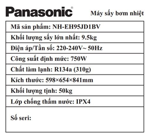 Máy Sấy Bơm Nhiệt Panasonic 9.5 kg NH-EH95JD1BV