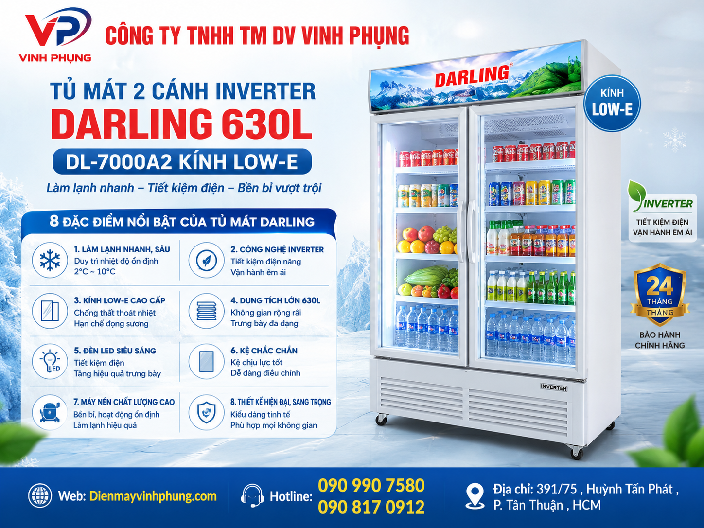 Tủ Mát 2 cánh Inverter Darling 630L DL-7000A2 Kính LOW-E