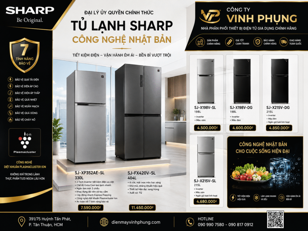 Tủ lạnh Sharp Inverter 330 lít SJ-XP352AE-SL