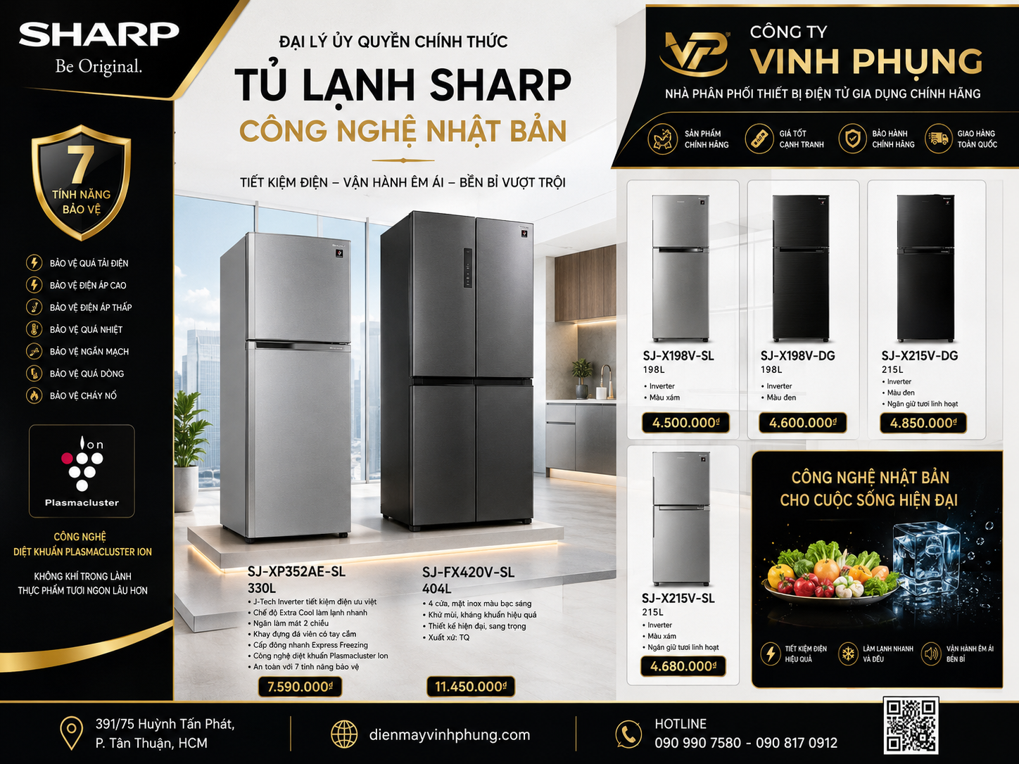 Tủ lạnh Sharp Inverter 330 lít SJ-XP352AE-SL