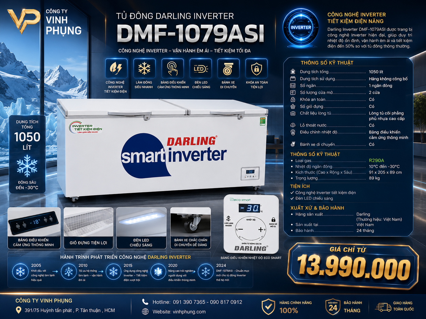 Tủ Đông Smart Darling Inverter 1050 Lít DMF-1079ASI