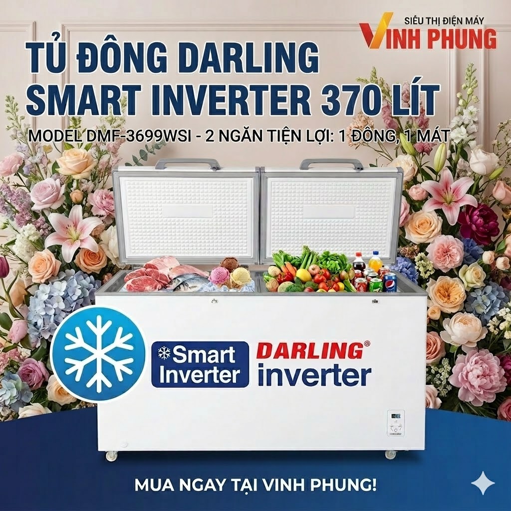 Tủ đông Darling Smart Thông Minh 370 Lít DMF-3699WS-2