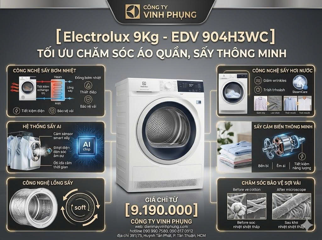Máy sấy thông hơi Electrolux 9 kg EDV904H3WC