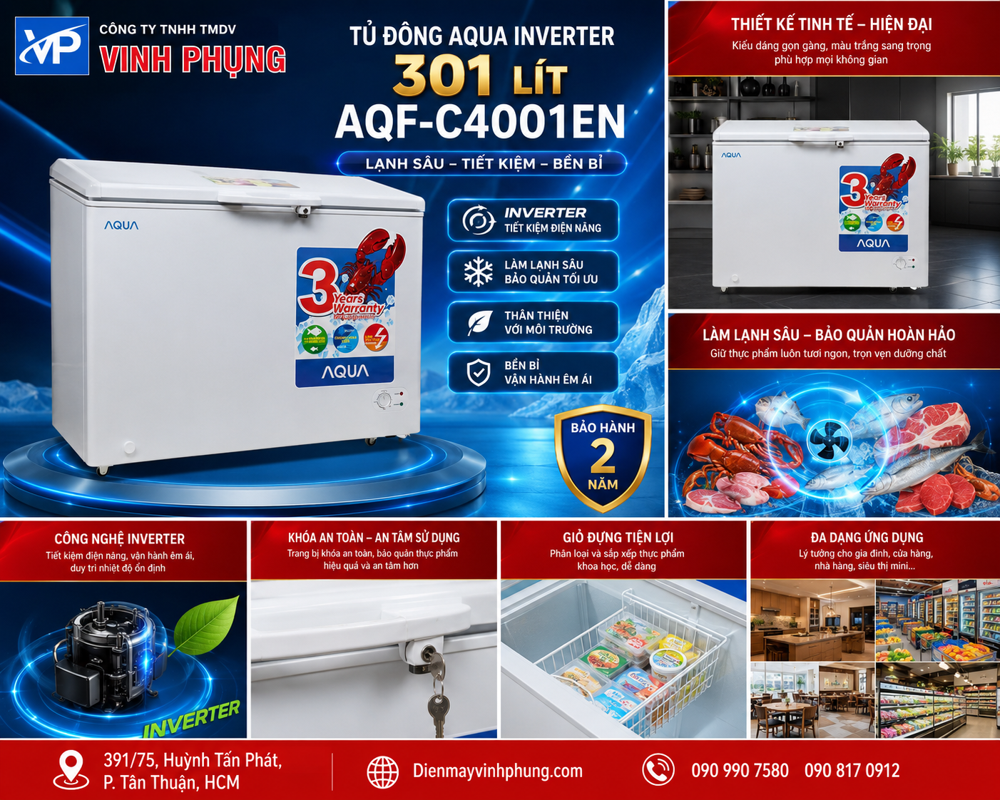 Tủ đông Aqua Inverter 301 lít AQF-C4001EN