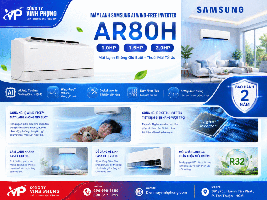 Máy Lạnh Samsung AI Wind-Free Inverter 9000 BTU AR80H10DAAWNSV