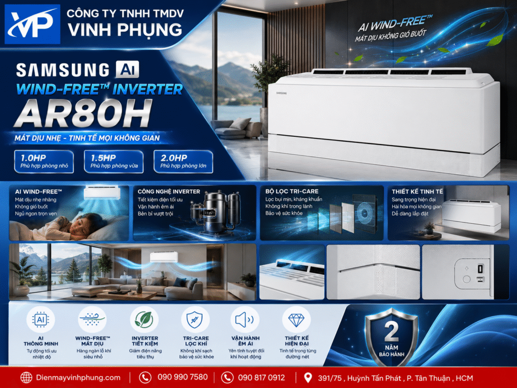 Máy Lạnh Samsung AI Wind-Free Inverter 9000 BTU AR80H10DAAWNSV