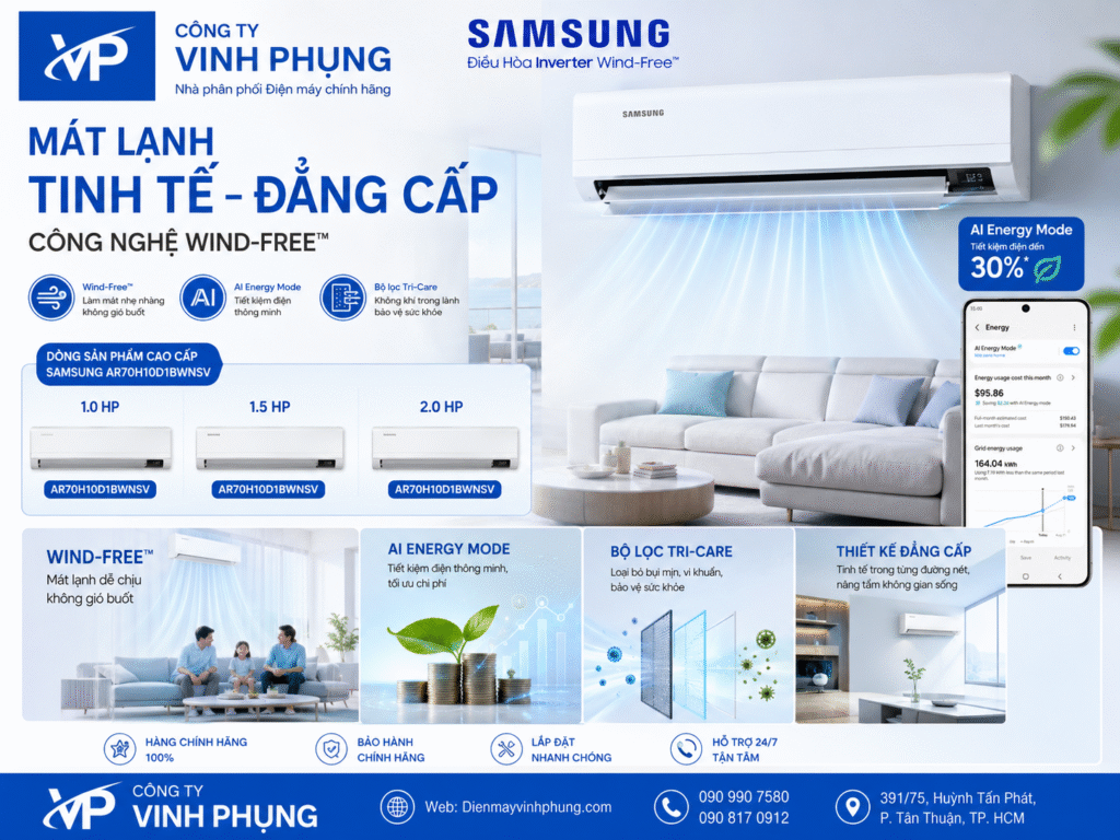 Máy Lạnh Samsung Wind-Free Inverter 1.5HP AR70H13D1
