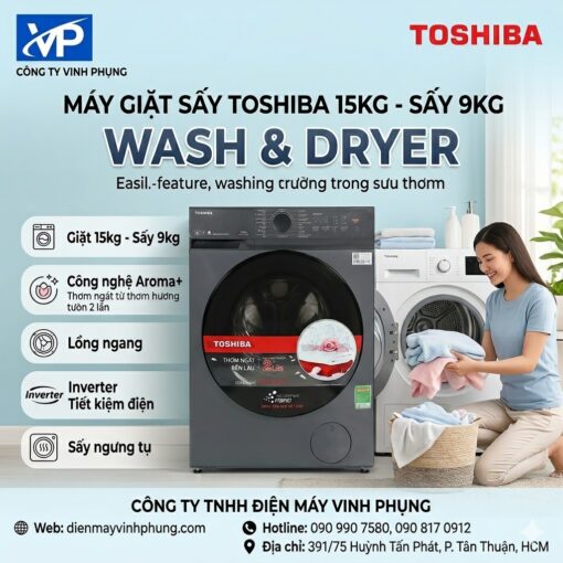 Máy giặt Toshiba Inverter TWD-T35BP160MWV(MG) giặt 15kg – sấy 9kg