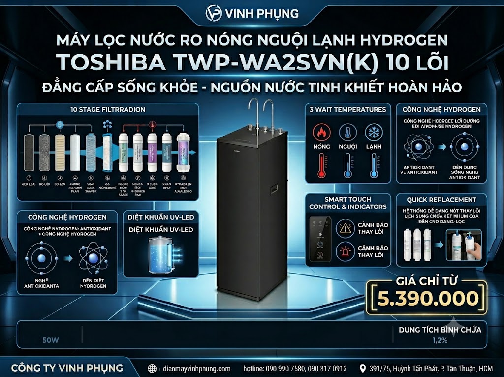 Máy lọc nước RO nóng nguội lạnh Hydrogen Toshiba TWP-WA2SVN(K) 10 lõi