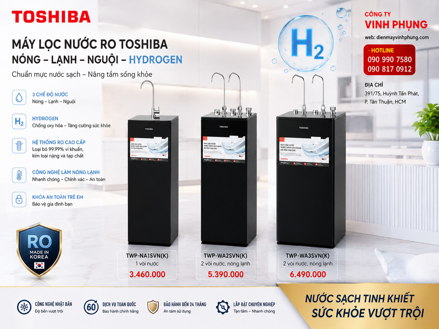 Máy lọc nước RO nóng nguội lạnh Hydrogen Toshiba TWP-WA3SVN(K) 10 lõi