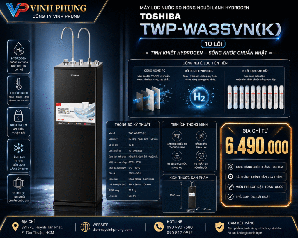 Máy lọc nước RO nóng nguội lạnh Hydrogen Toshiba TWP-WA3SVN(K) 10 lõi