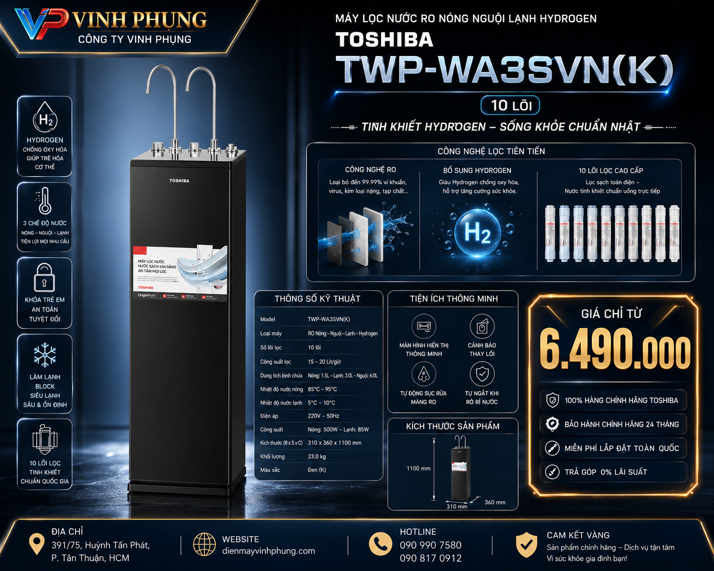 Máy lọc nước RO nóng nguội lạnh Hydrogen Toshiba TWP-WA3SVN(K) 10 lõi