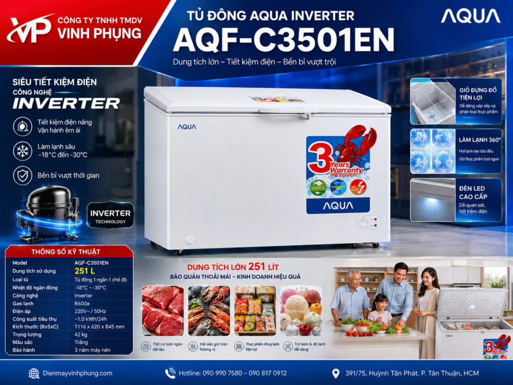 Tủ đông Aqua Inverter 251 Lít AQF-C3501EN