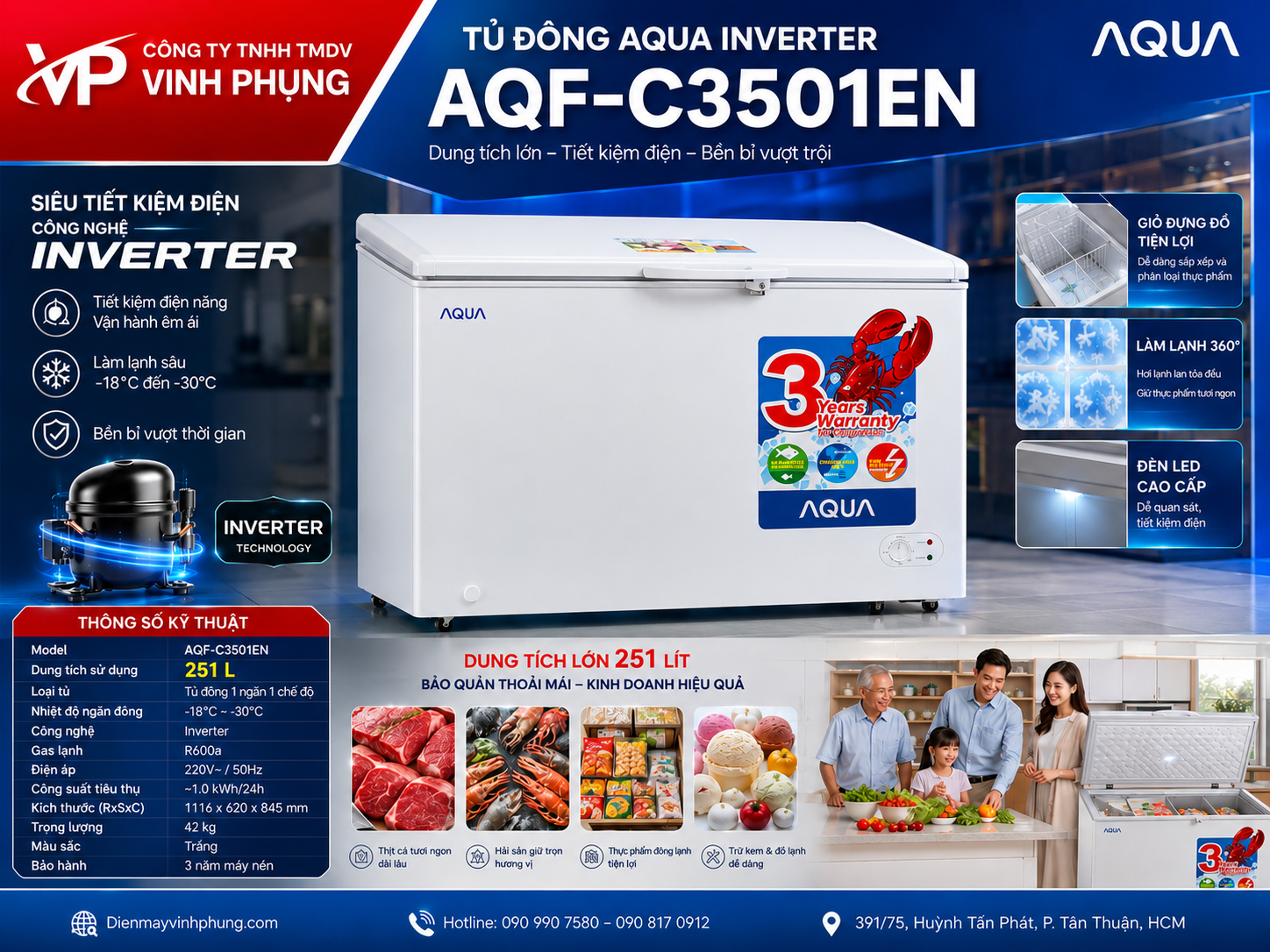 Tủ đông Aqua Inverter 251 Lít AQF-C3501EN