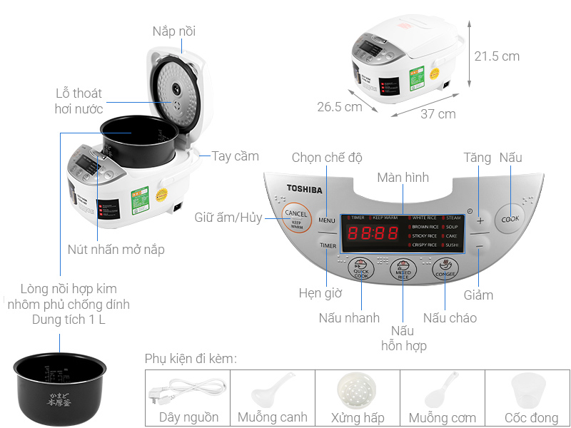 Nồi cơm điện tử Toshiba 1 lít RC-10DH2PV(W) 5 Nồi cơm điện tử Toshiba 1 lít RC-10DH2PV(W)