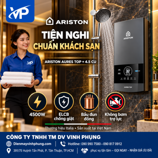 Máy Tắm nóng trực tiếp Ariston AURES TOP+4.5 CU-Không bơm trợ lực