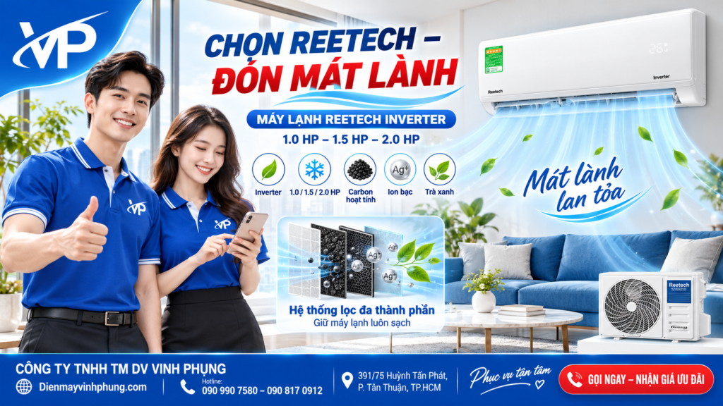 Máy lạnh Reetech Inverter 1.5 HP RTV12-TC-BI