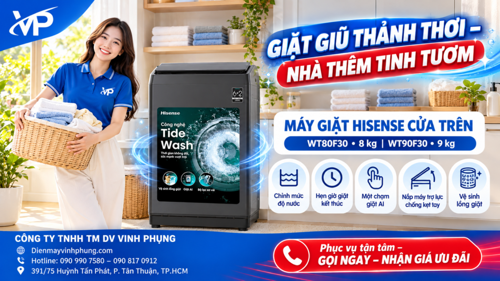 Máy giặt AI Hisense cửa trên 8 kg WT80F30