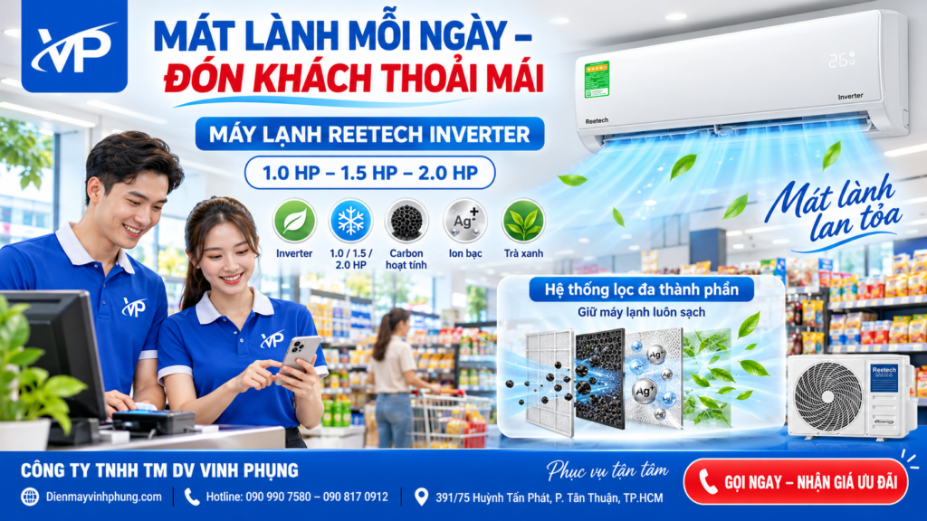 Máy lạnh Reetech Inverter 1.5 HP RTV12-TC-BI
