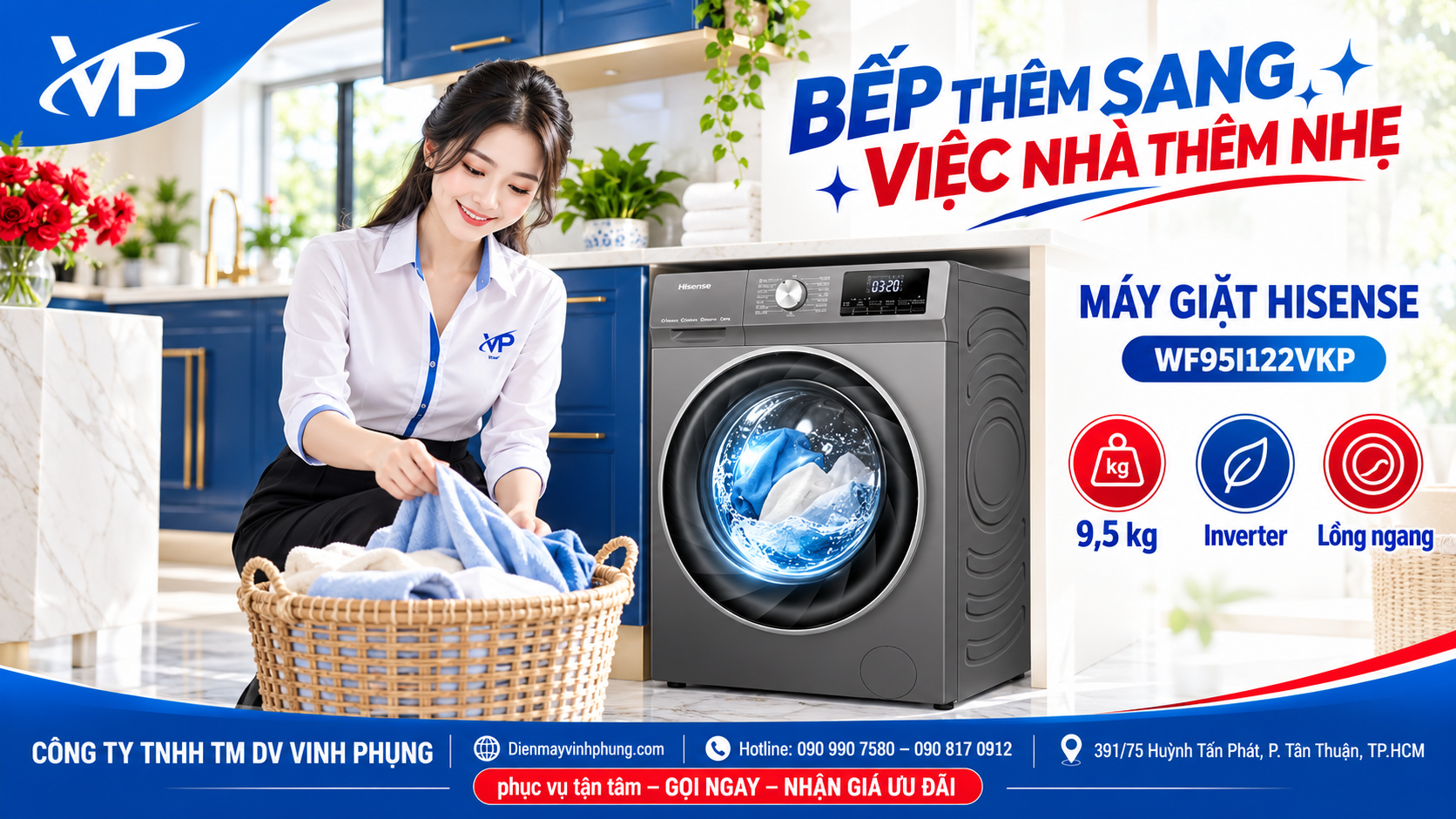 Máy Giặt Hisene Inverter Lồng Ngang 9.5Kg WF95I122VKP 3 Máy Giặt Hisene Inverter Lồng Ngang 9.5Kg WF95I122VKP