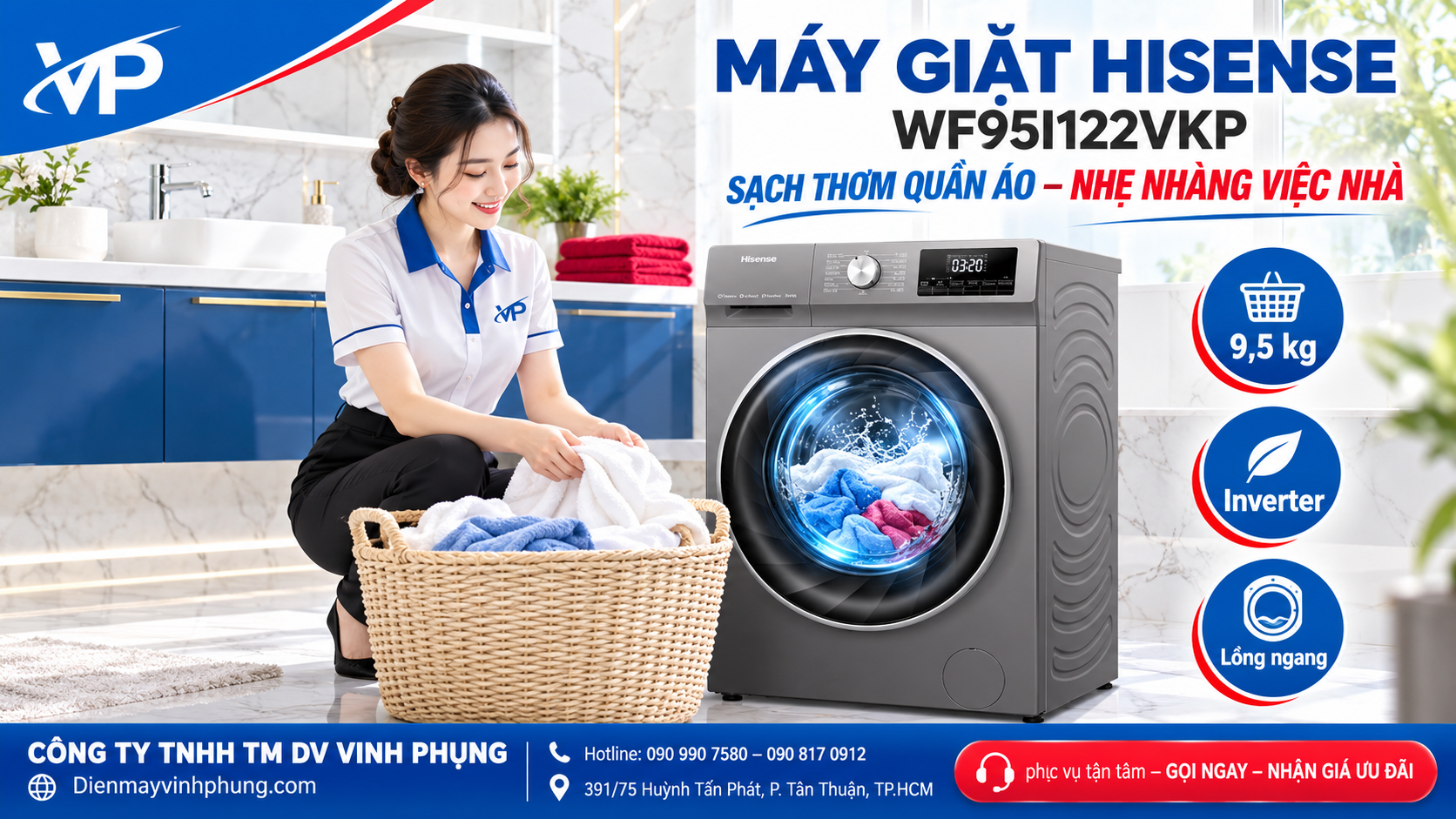 Máy Giặt Hisene Inverter Lồng Ngang 9.5Kg WF95I122VKP 4 Máy Giặt Hisene Inverter Lồng Ngang 9.5Kg WF95I122VKP