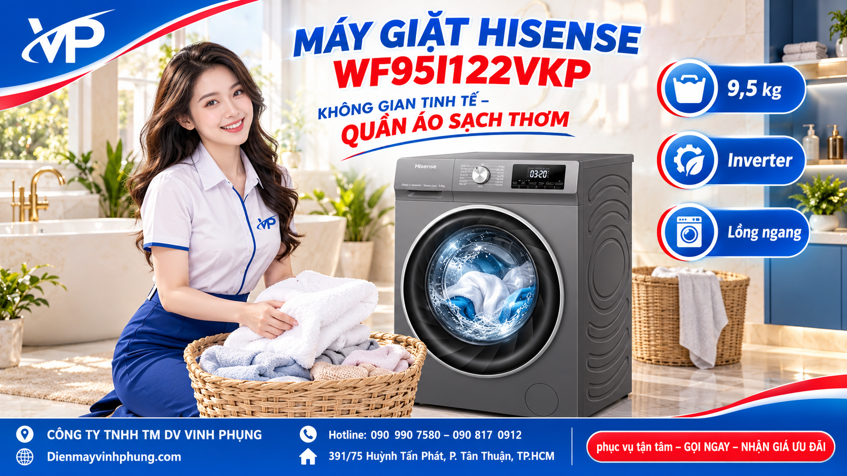 Máy Giặt Hisene Inverter Lồng Ngang 9.5Kg WF95I122VKP 6 Máy Giặt Hisene Inverter Lồng Ngang 9.5Kg WF95I122VKP