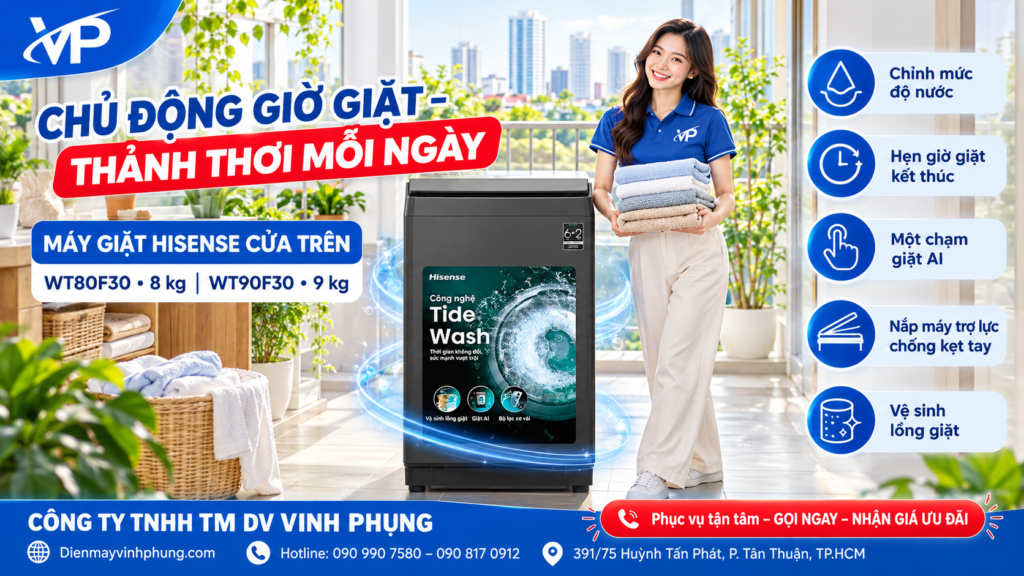 Máy giặt AI Hisense cửa trên 8 kg WT80F30
