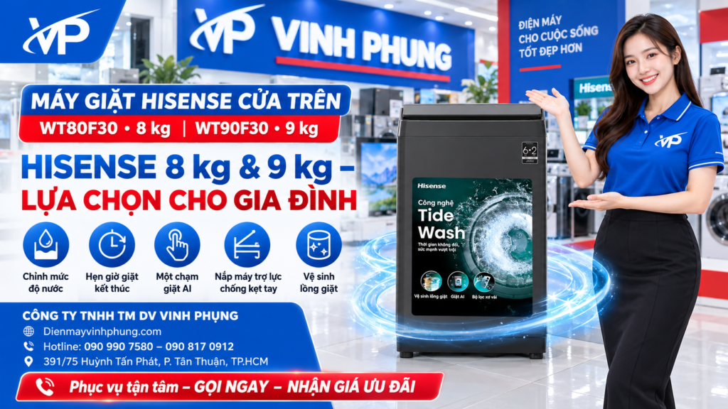 Máy giặt AI Hisense cửa trên 8 kg WT80F30