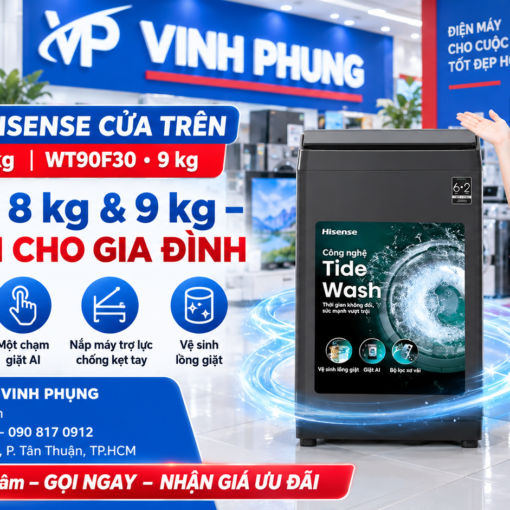 Máy giặt AI Hisense cửa trên 9 kg WT90F30