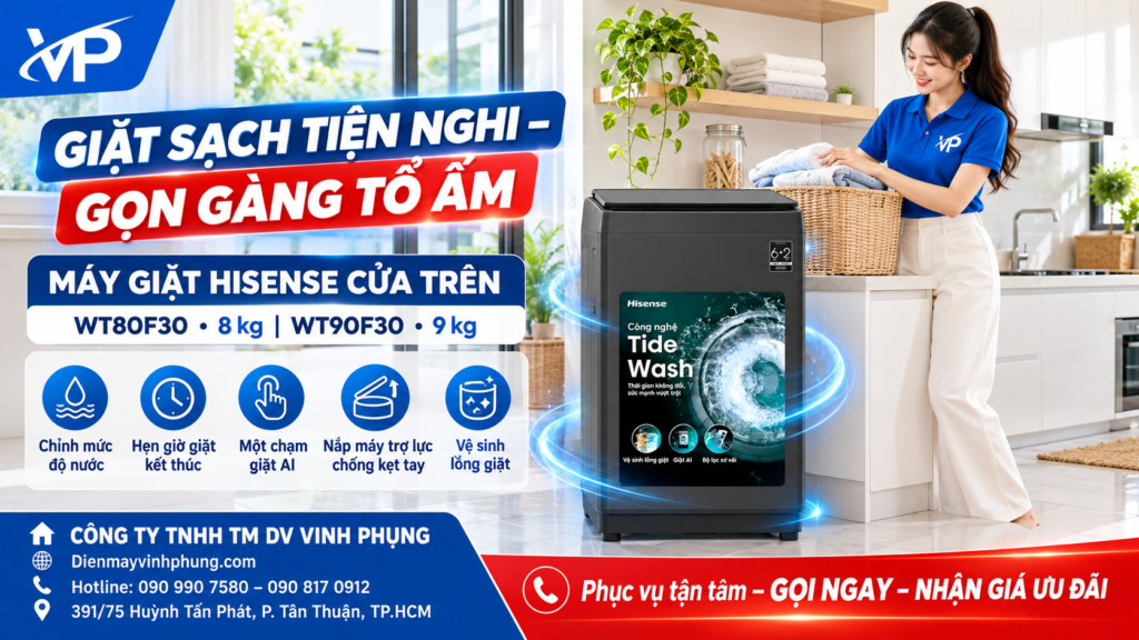 Máy giặt AI Hisense cửa trên 8 kg WT80F30