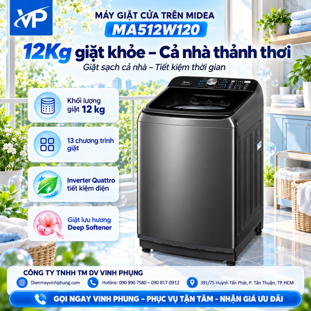 Máy Giặt Cửa Trên Midea 12 Kg MA512W120