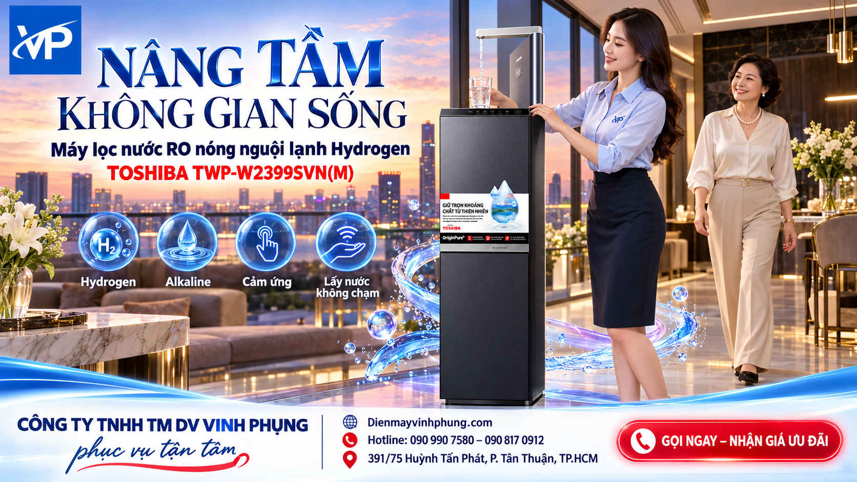 Máy lọc nước RO nóng nguội lạnh Hydrogen Toshiba TWP-W2399SVN(M)