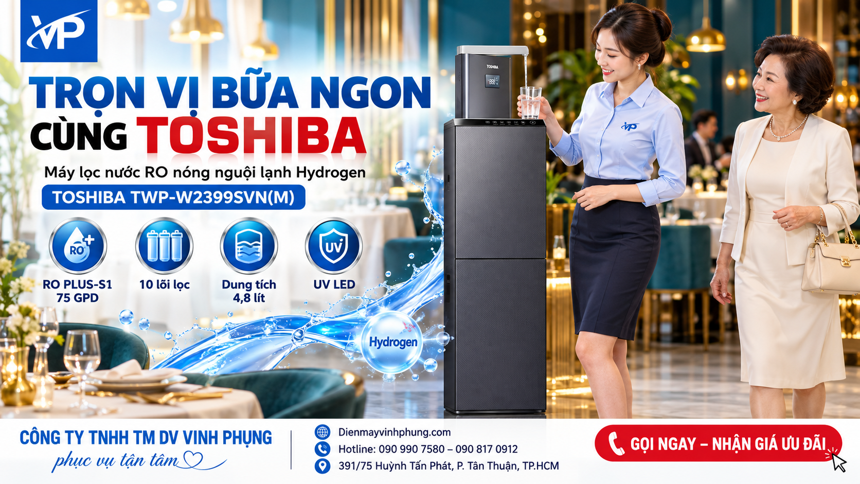Máy lọc nước RO nóng nguội lạnh Hydrogen Toshiba TWP-W2399SVN(M)