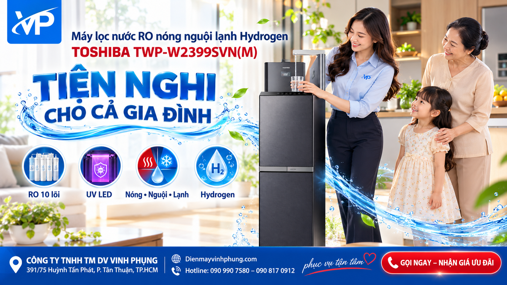Máy lọc nước RO nóng nguội lạnh Hydrogen Toshiba TWP-W2399SVN(M)