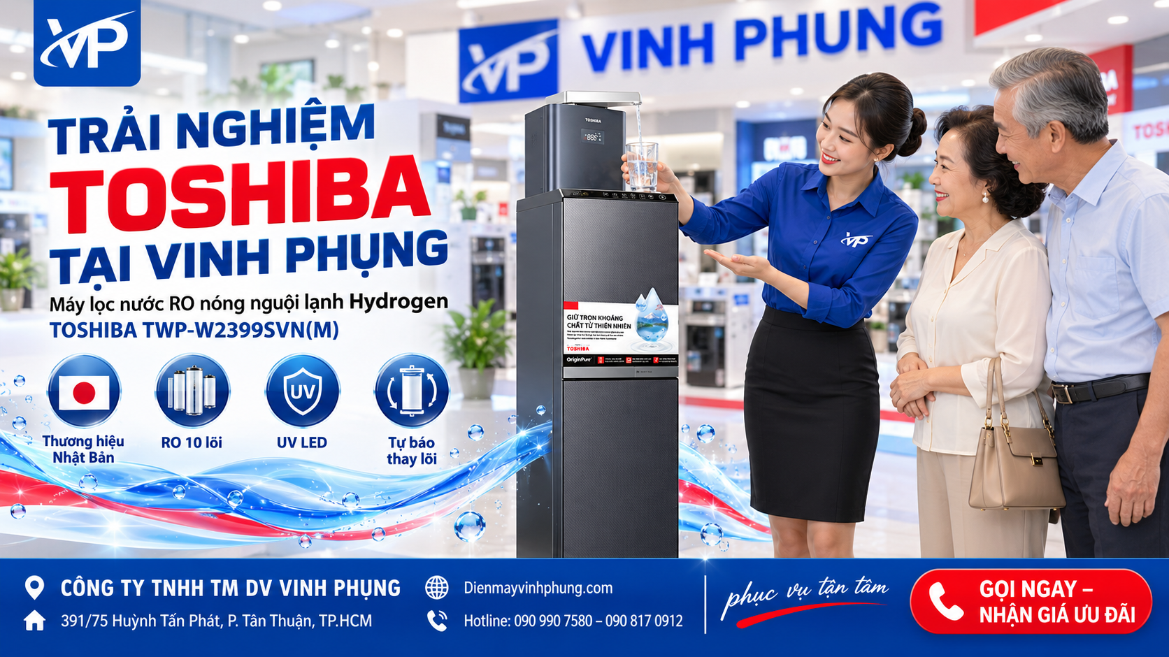 Máy lọc nước RO nóng nguội lạnh Hydrogen Toshiba TWP-W2399SVN(M)