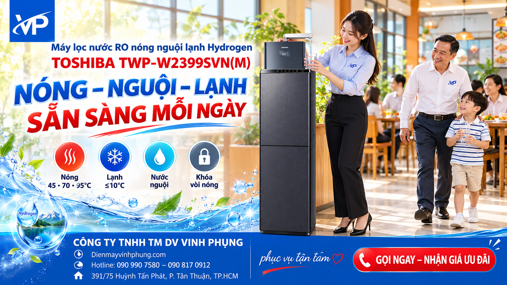 Máy lọc nước RO nóng nguội lạnh Hydrogen Toshiba TWP-W2399SVN(M)