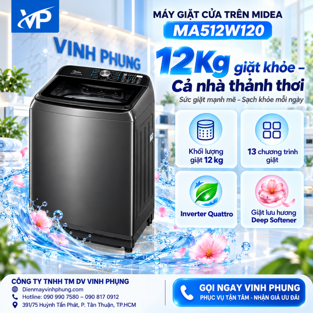 Máy Giặt Cửa Trên Midea 12 Kg MA512W120