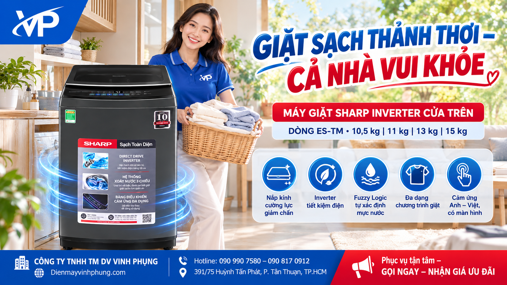 Máy giặt Sharp Inverter cửa trên 10.5 kg ES-TM105CD-DS 5 Máy giặt Sharp Inverter cửa trên 15 kg ES-TM150CD-DS