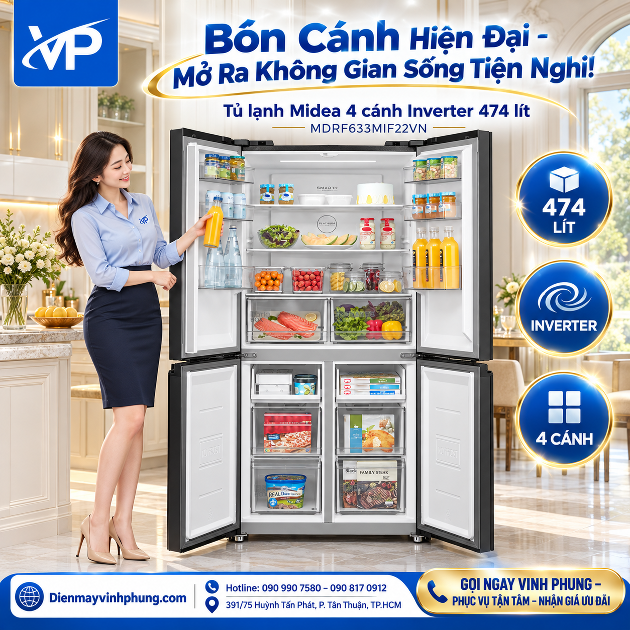 Tủ lạnh Midea 4 cánh Inverter 474 lít MDRF633MIF22VN 2 Tủ lạnh Midea 4 cánh Inverter 474 lít MDRF633MIF22VN