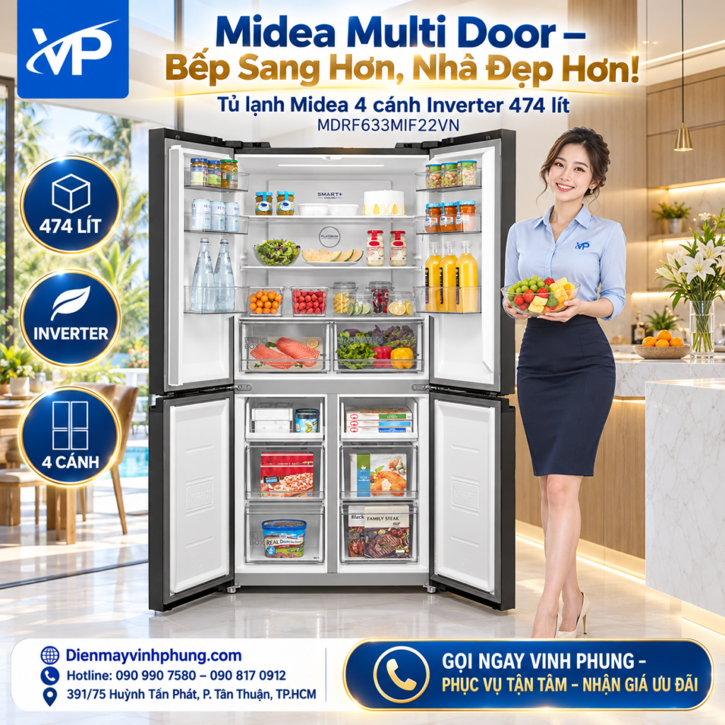 Tủ lạnh Midea 4 cánh Inverter 474 lít MDRF633MIF22VN 13 Tủ lạnh Midea 4 cánh Inverter 474 lít MDRF633MIF22VN