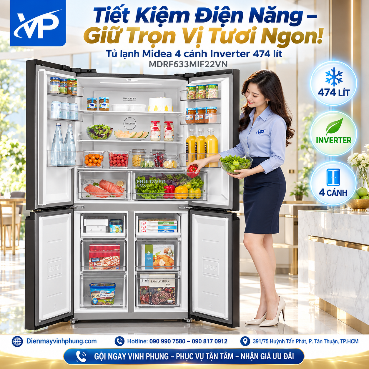 Tủ lạnh Midea 4 cánh Inverter 474 lít MDRF633MIF22VN 4 Tủ lạnh Midea 4 cánh Inverter 474 lít MDRF633MIF22VN