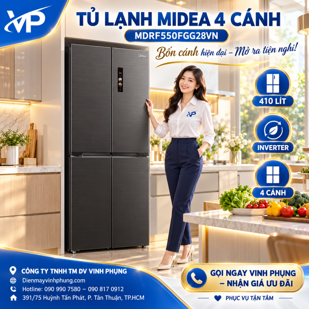 Tủ lạnh Midea 4 cánh Inverter 410 lít MDRF550FGG28VN