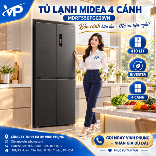 Tủ lạnh Midea 4 cánh Inverter 410 lít MDRF550FGG28VN