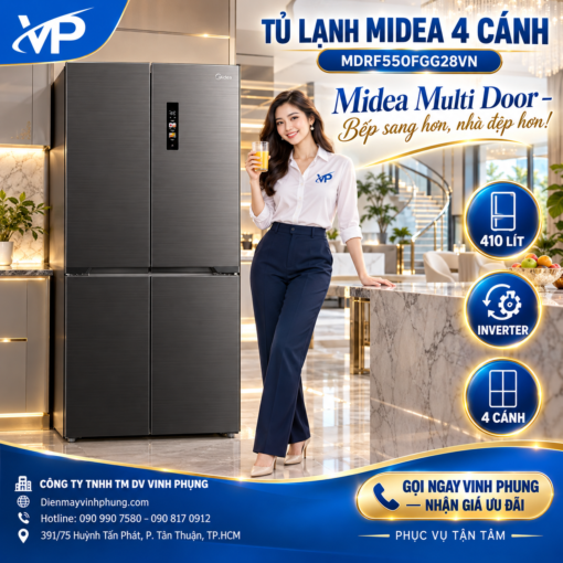 Tủ lạnh Midea 4 cánh Inverter 410 lít MDRF550FGG28VN