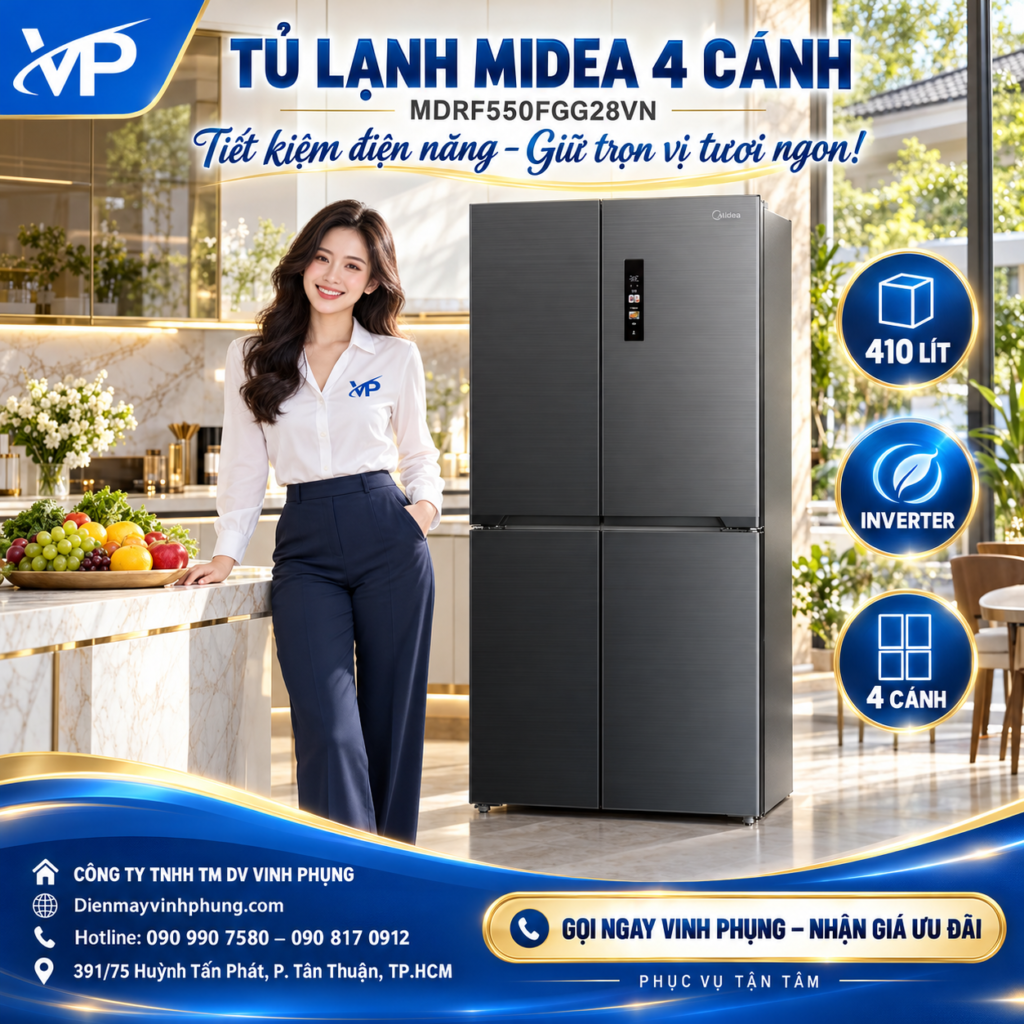 Tủ lạnh Midea 4 cánh Inverter 410 lít MDRF550FGG28VN